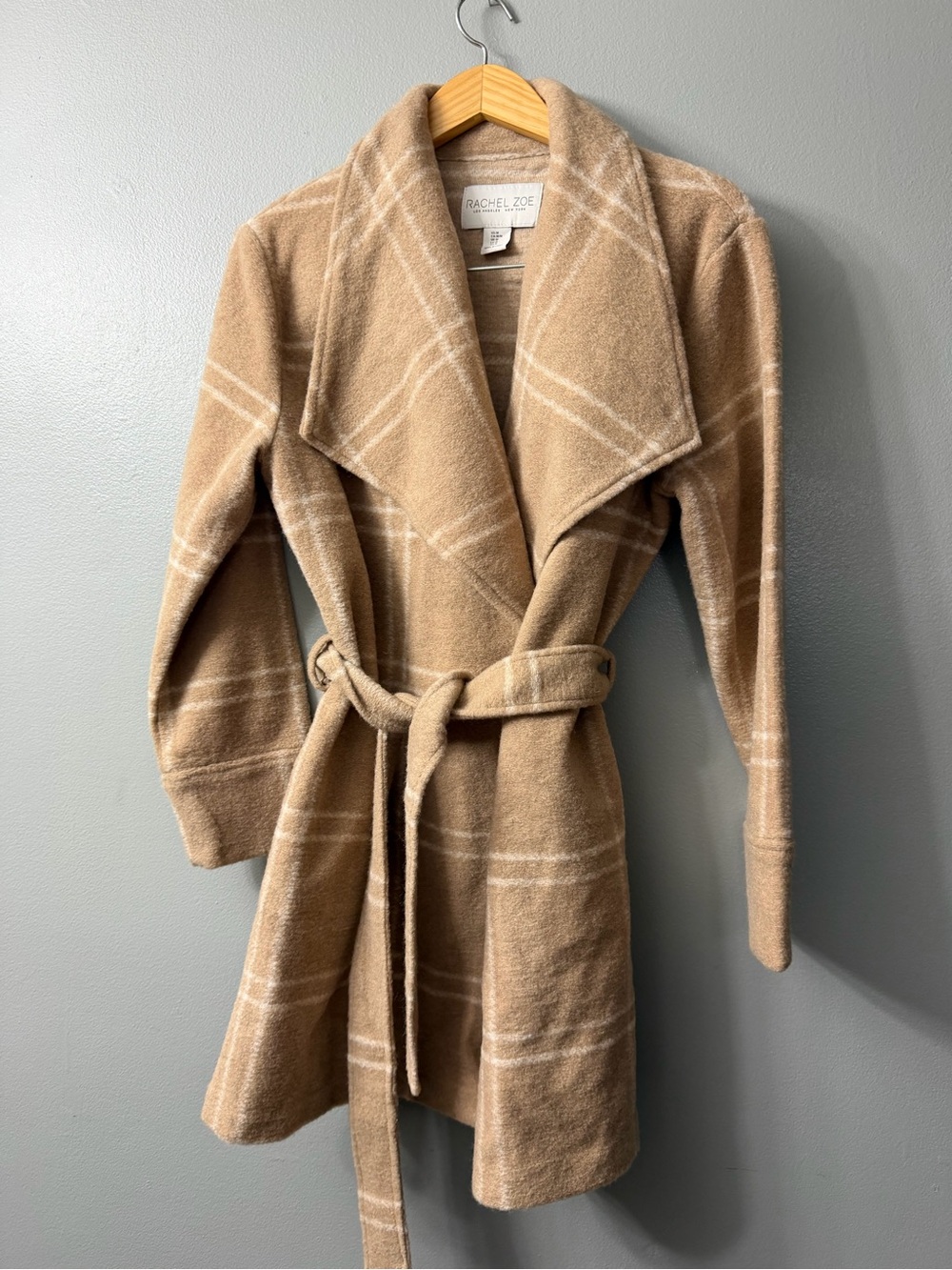 Rachel Zoe Tan Plaid Wrap Trench wool blend Coat medium